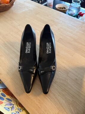 Salvatore Ferragamo Black Leather Pointed Toe Pumps with Silver Hardware